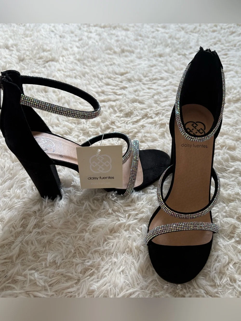 Daisy Fuentes Black Suede Block Heels with Crystal Straps